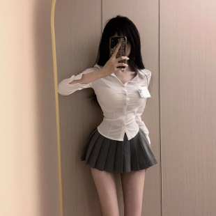 高级修身 甜辣纯欲秋季 白衬衫 长袖 衬衣女 性感上衣设计感jk制服套装