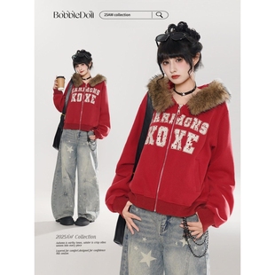 BubbleDoll美式酒红色可拆卸毛领卫衣女秋季宽松拉链开衫连帽外套