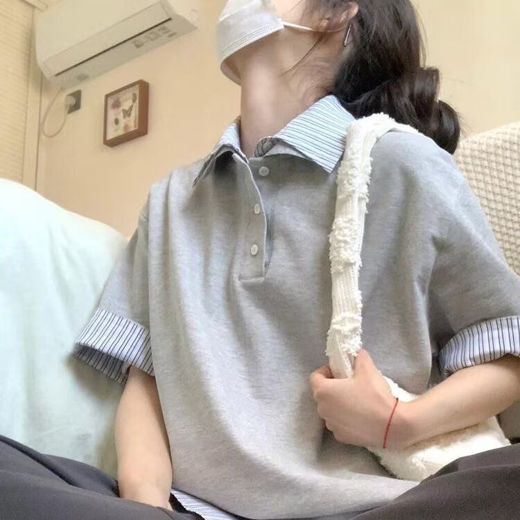 美式学院风polo衫宽松短袖t恤女夏季条纹假两件翻领灰色上衣图片