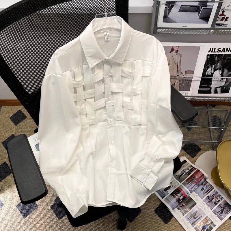 2025春装纯色编织设计师款衬衫韩版宽松长袖衬衣个性潮男宽松帅气