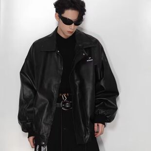 欧美街头潮流宽松机车服皮衣男潮痞帅气高级感飞行员PU皮夹克外套