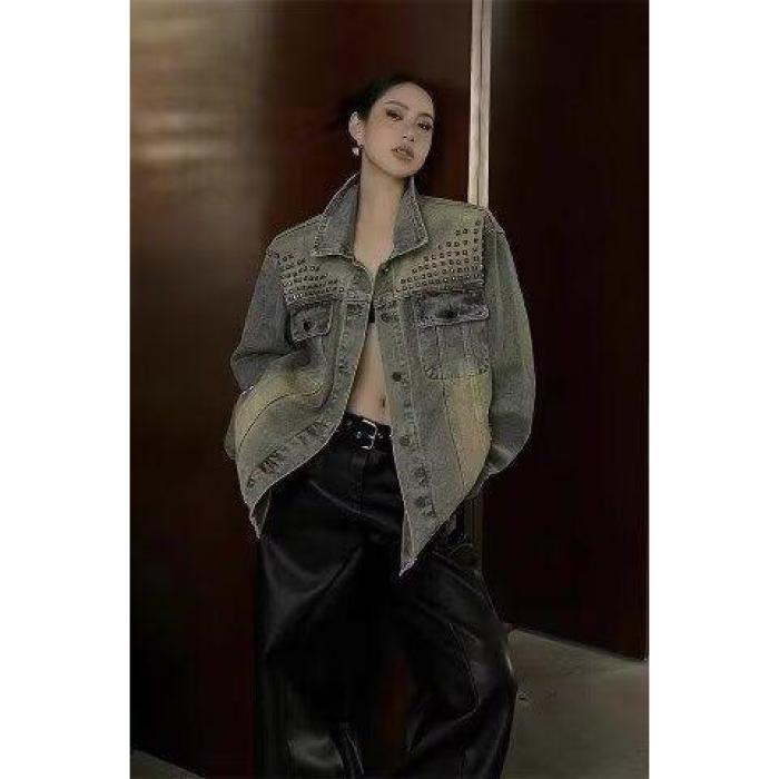 阿荒与阿卤美式复古水洗重工铆钉牛仔外套男宽松潮流痞帅夹克上衣