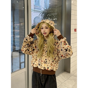 FORSCHE 狗狗满印耳朵连帽卫衣女美式复古开衫短款休闲上衣外套潮