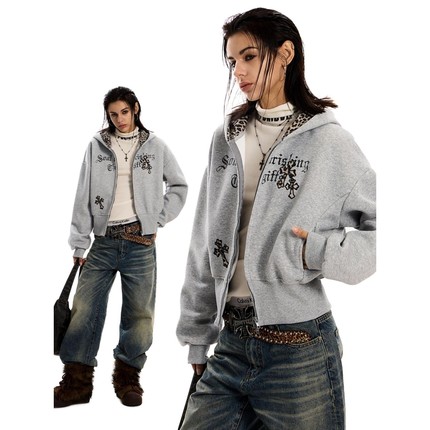 0123start 豹纹拼接十字架连帽卫衣外套女美式复古哥特风潮牌开衫