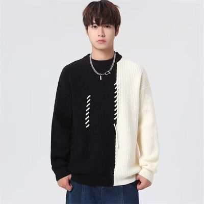 设计感拼接撞色毛衣男女秋冬季宽松休闲小众套头鹿毛绒针织衫上衣