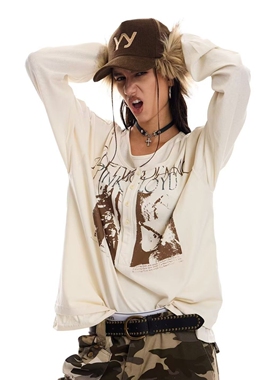 2024男长袖t恤秋季打底衫长袖秋季港风印花宽松潮流上衣