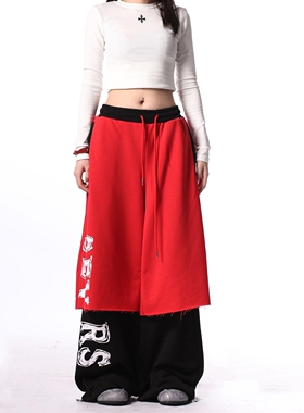 76STREET美式复古假两件拼接撞色直筒卫裤男女字母设计休闲阔脚裤