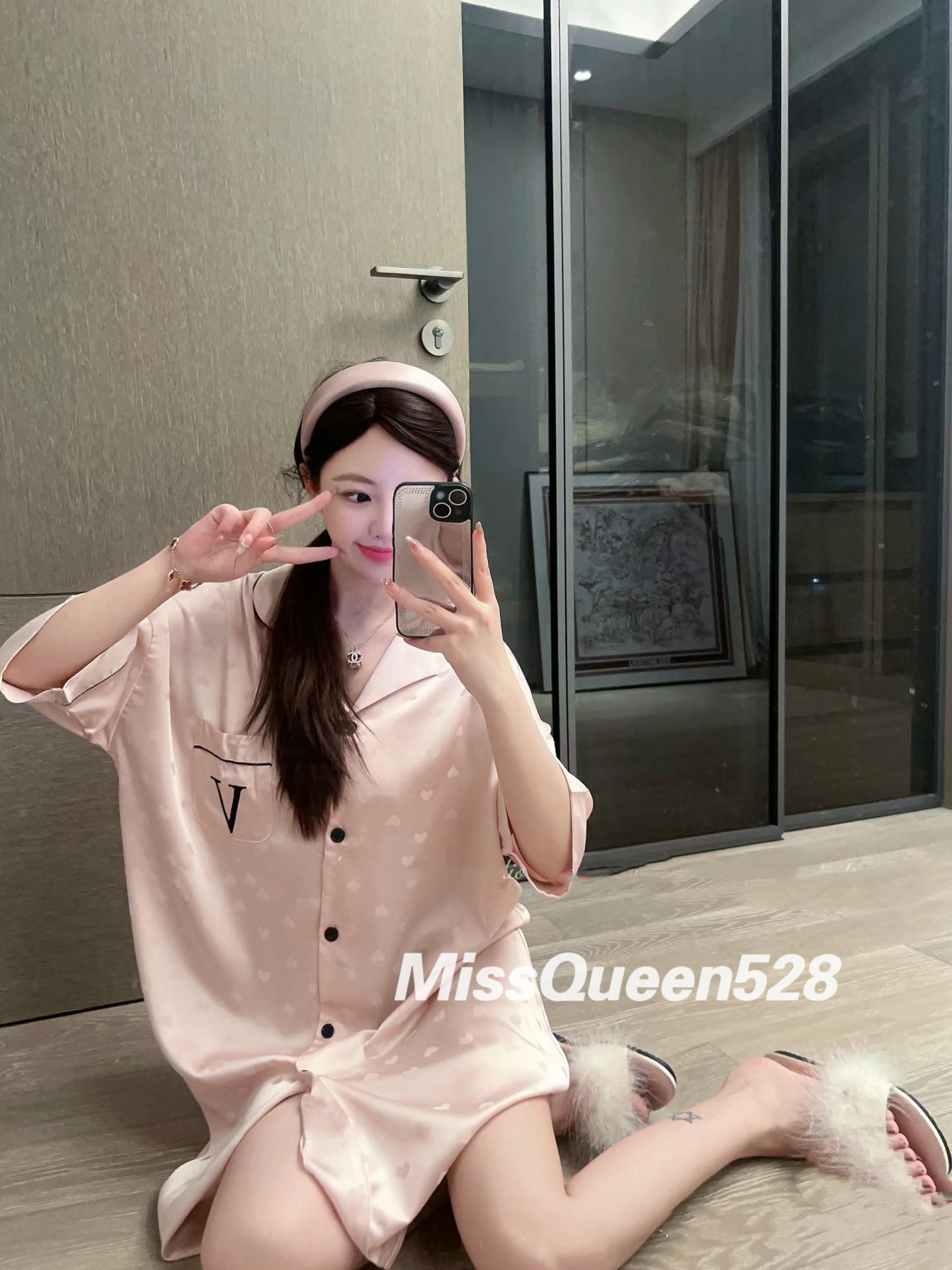 Miss Queen衬衫式睡裙女冰丝爱心提花V短袖宽松高级感睡衣家居服