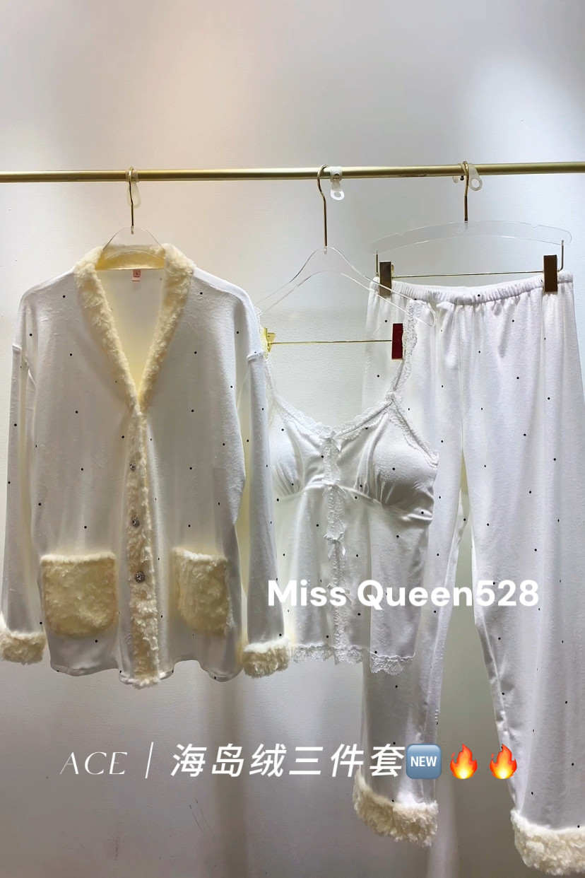 Miss Queen高级感海岛绒波点毛毛袖睡衣三件套软糯保暖家居服套装