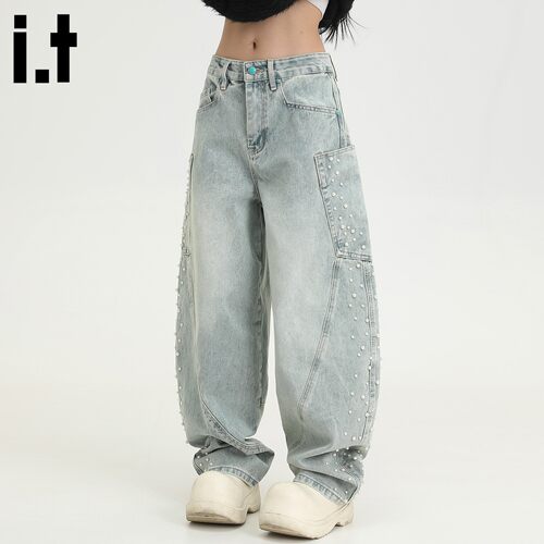 美式钉珠宽松阔腿牛仔裤男女同款