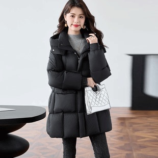 一手长黑色2025冬季新款羽绒服女中长款修身显瘦小个子连帽外套潮