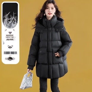 一手长黑色2025冬新款羽绒服女中长款修身显瘦小个子加厚连帽外套