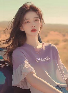 紫色渐变字母印花荷叶边正肩短袖T恤女2025新款夏季独特绝美上衣