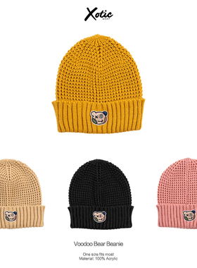 Xotic官方 纽扣小熊针织冷帽秋冬原创卡通防风保暖日系毛线帽可爱