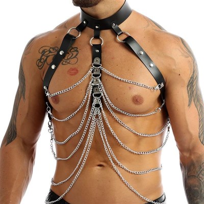 Men Sword belt Faux Leather Body Chest Chain Harness Punk Ma