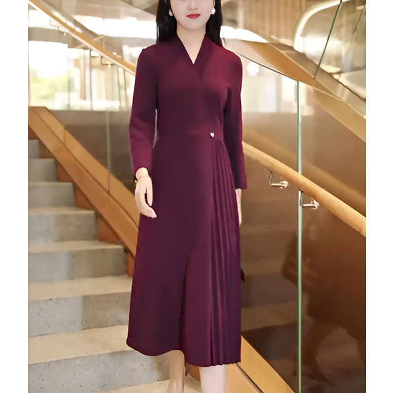 RIERA高级感紫红色连衣裙女士春秋新款收腰显瘦气质减龄V领中长款