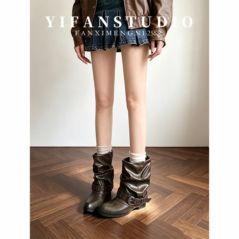 羊皮带扣尖头高跟美拉德短靴
