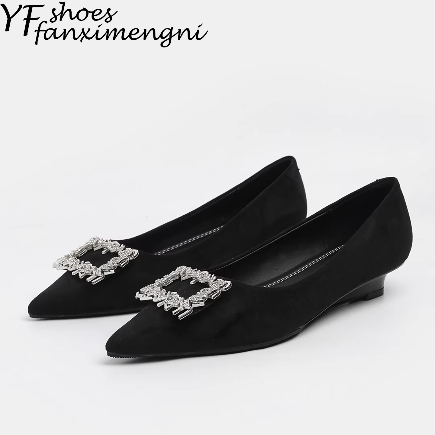 复古绒面水钻方扣坡跟法式单鞋女一脚蹬浅口尖头玛丽珍女鞋晚晚鞋