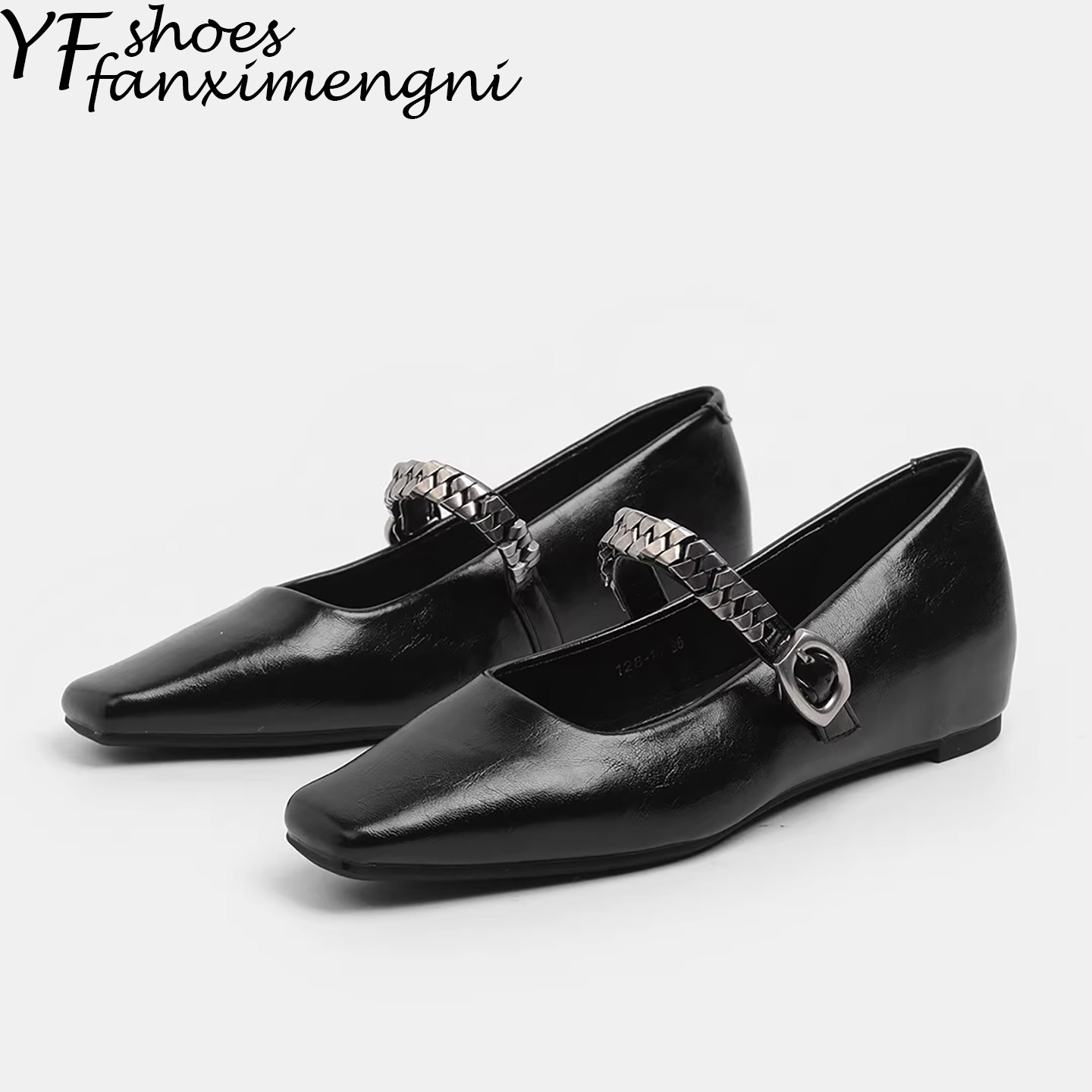 软皮方头链条一字带浅口平底单鞋女软底通勤内增高法式玛丽珍女鞋