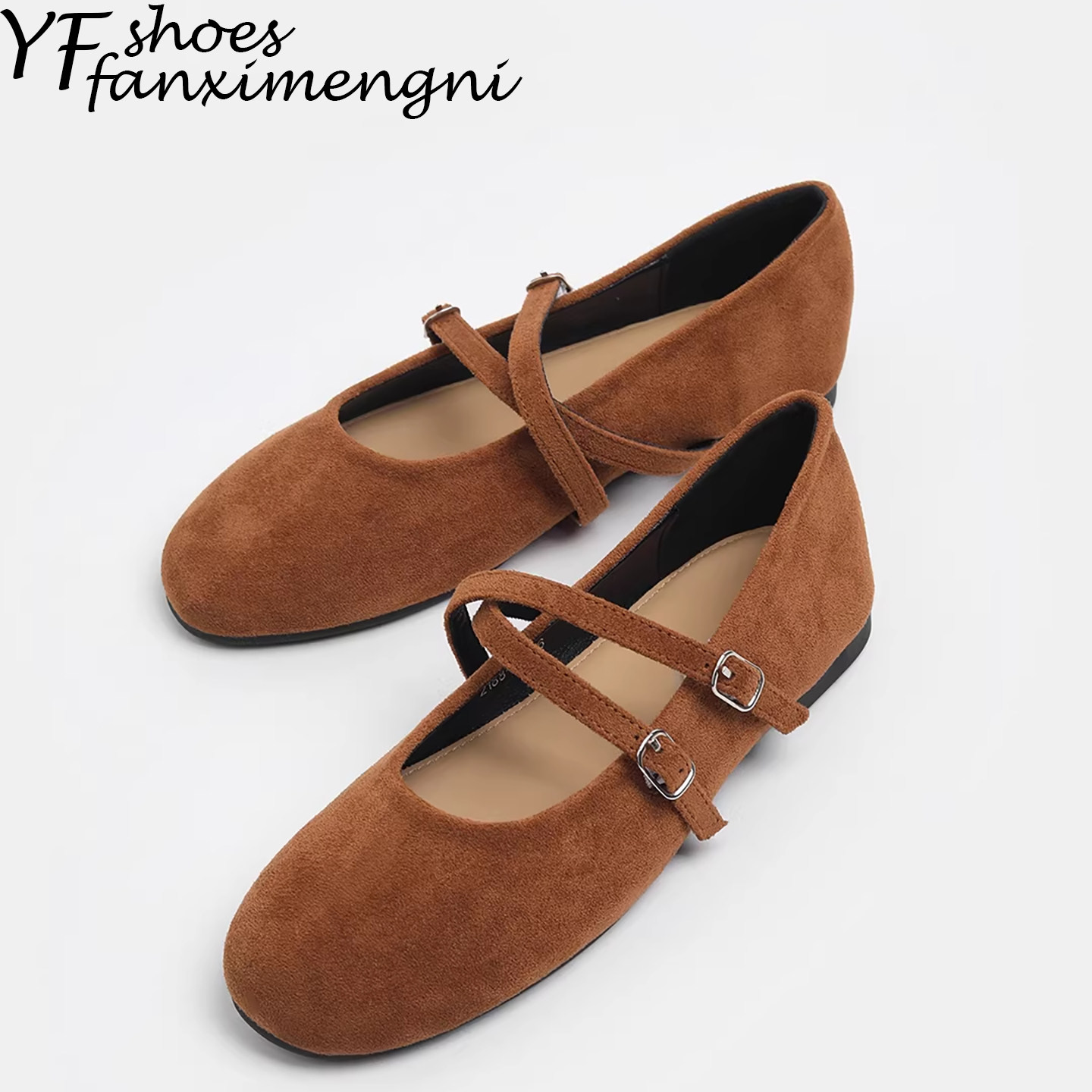 圆头平底女鞋绒面复古浅口单鞋女气质交叉扣带百搭法式玛丽珍女鞋