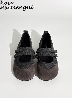 真皮~复古拼色一字带法式玛丽珍女鞋2025新款秋冬浅口平底单鞋女