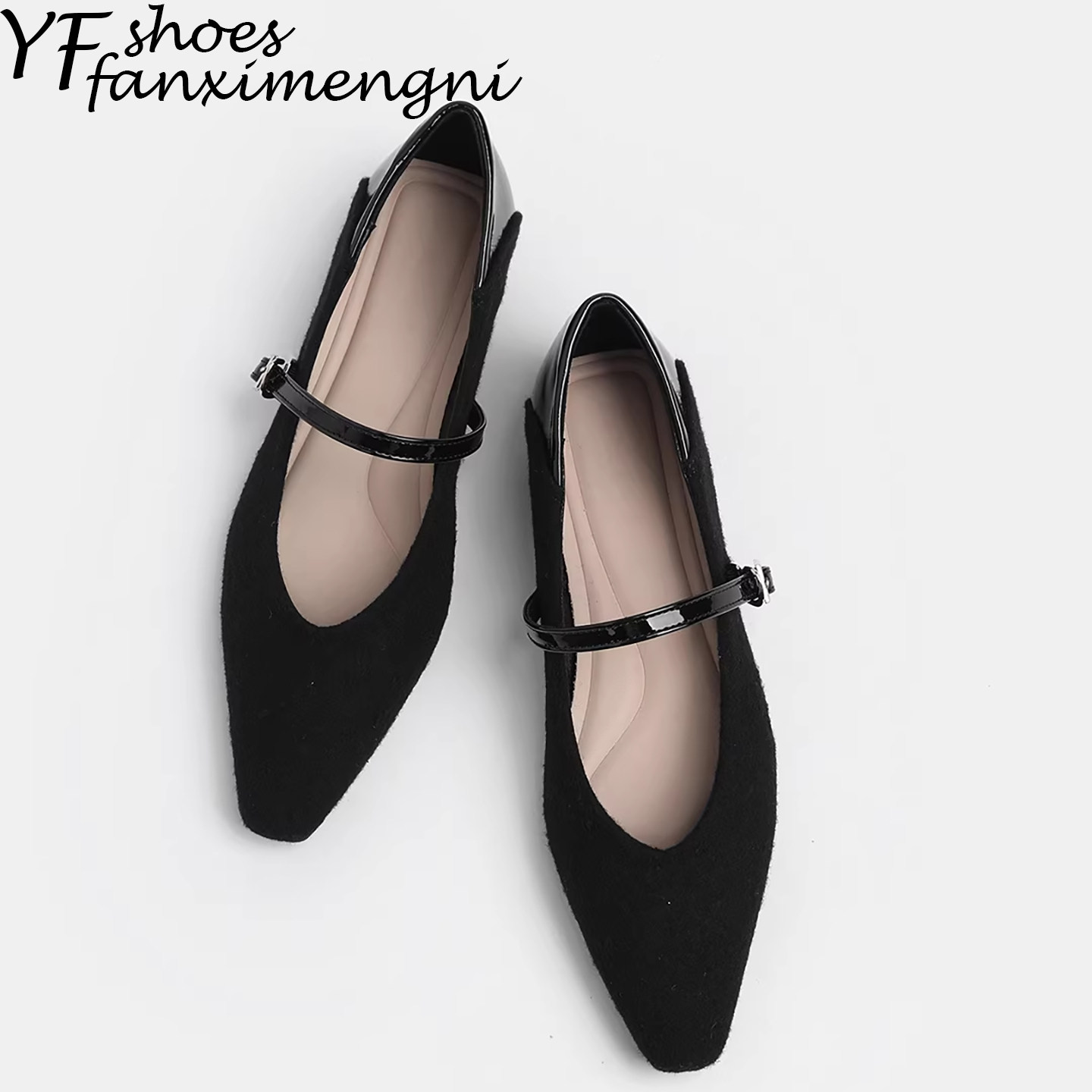 复古法式黑色尖头玛丽珍鞋女2026年新款一字带平底坡跟浅口单鞋女