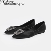 气质水钻方扣一脚蹬平底女鞋 玛丽珍女鞋 浅口尖头单鞋 女通勤风法式