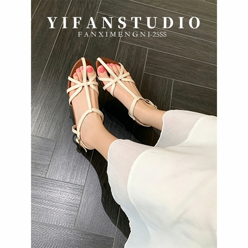 羊皮法式坡跟增高防滑女一字拖