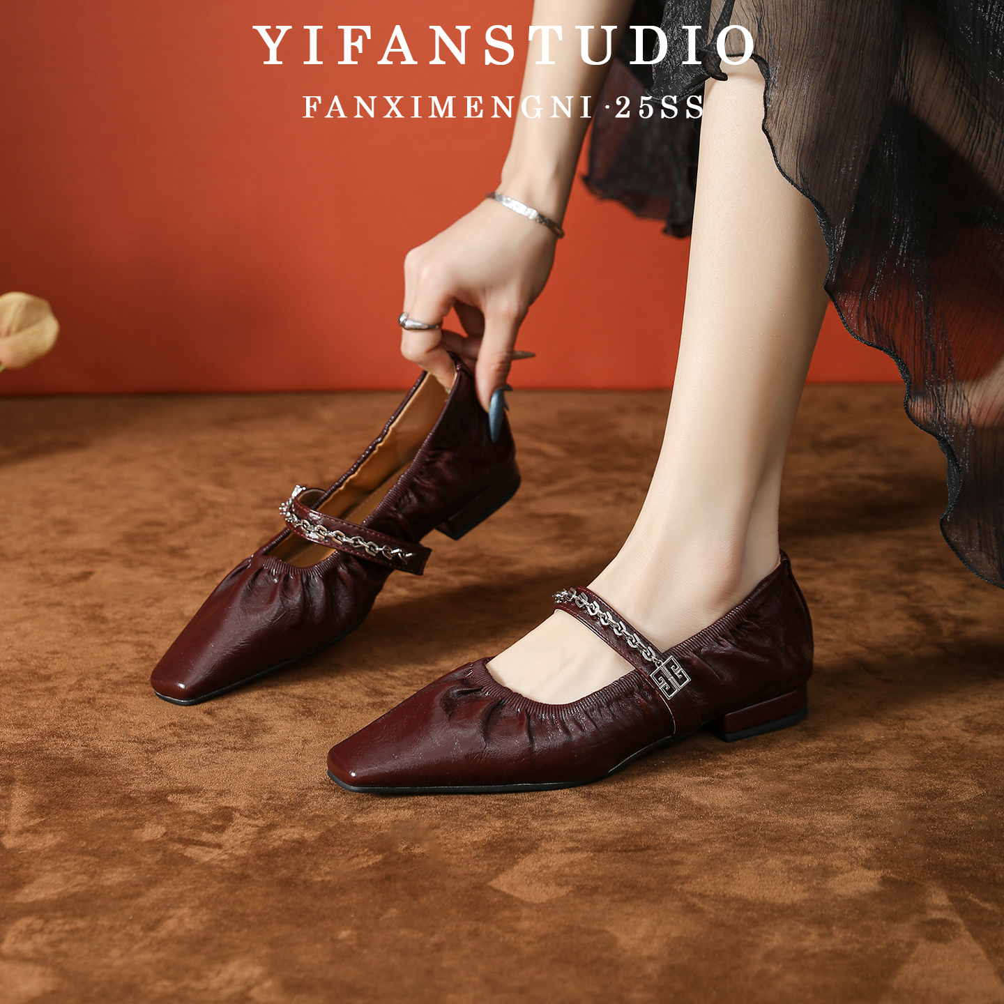 水洗软皮浅口单鞋女2025新款真皮一字带褶皱工作鞋不累脚妈妈女鞋