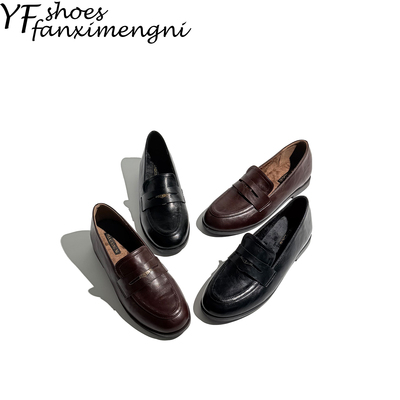 内增高真皮加绒学院风粗跟小皮鞋