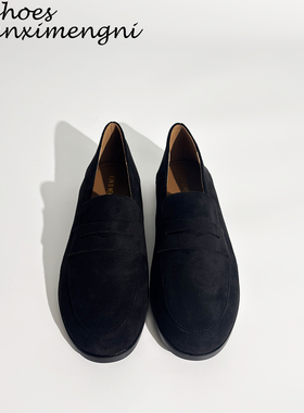 日系学院风黑色小皮鞋女2025年新款一脚蹬反绒皮软底英伦乐福鞋女