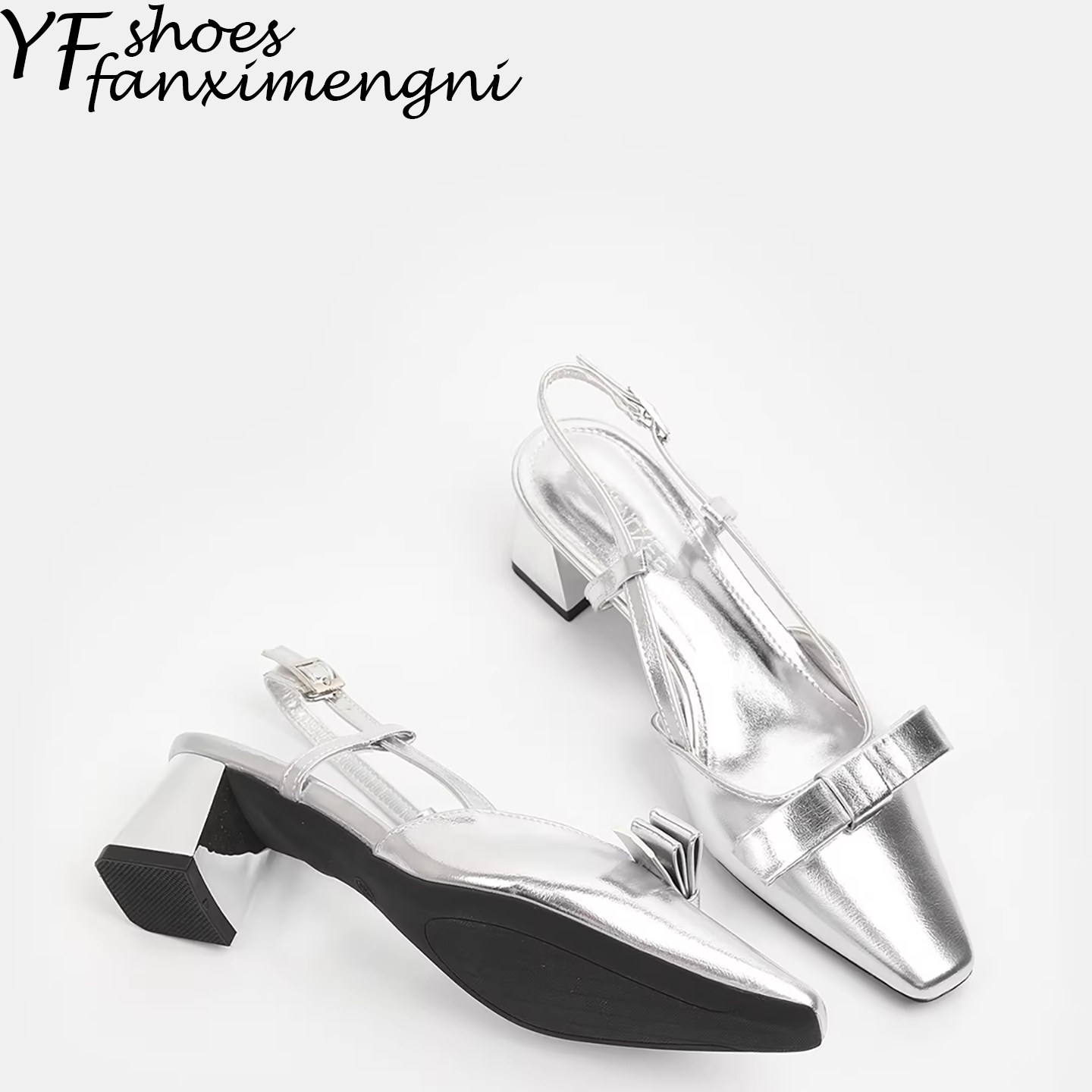 一字带后空包头凉鞋女2026新款夏季气质蝴蝶结粗跟浅口银色单鞋女