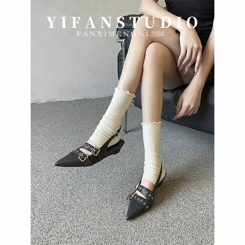 羊皮版~朋克辣妹尖头黑色高跟鞋女坡跟设计感小众一字带包头凉鞋