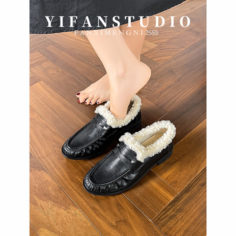 羊皮版复古黑色加绒女平底乐福鞋