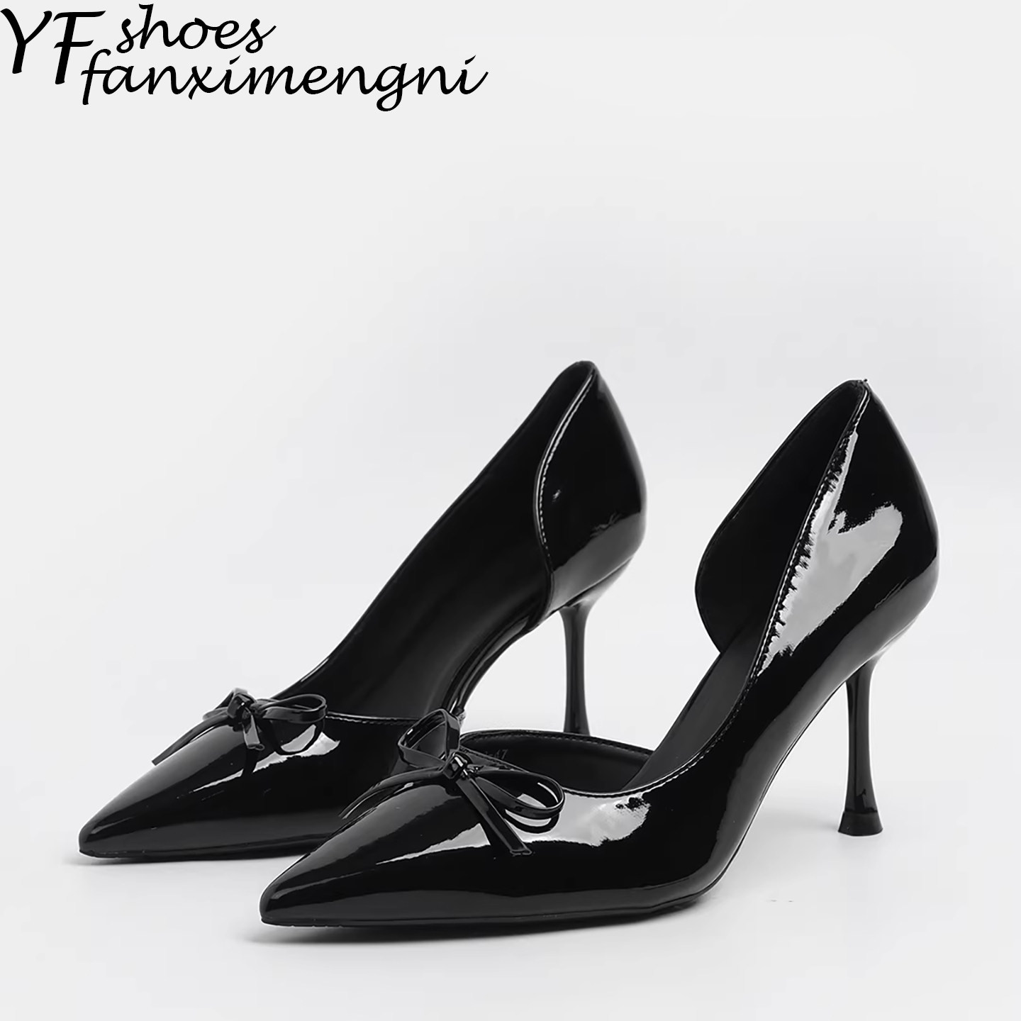 名媛风蝴蝶结黑色尖头高跟鞋女2026年新款气质侧空漆皮浅口单鞋女