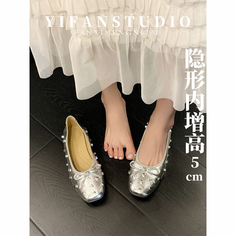 羊皮版~法式方头铆钉芭蕾舞鞋女蝴蝶结平底鞋一脚蹬平底浅口单鞋