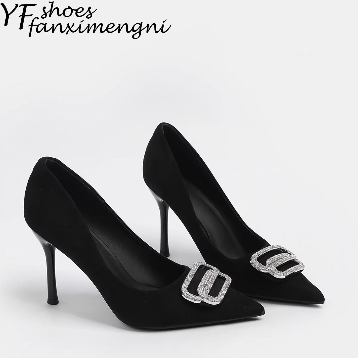 法式名媛风2026新款黑色水钻方扣尖头高跟鞋女细跟气质浅口单鞋女