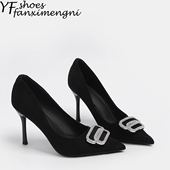 法式 女 女细跟气质浅口单鞋 名媛风2026新款 黑色水钻方扣尖头高跟鞋