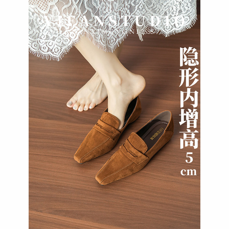 羊皮版~英伦风反绒皮浅口单鞋女秋方头乐福鞋内增高一脚蹬豆豆鞋