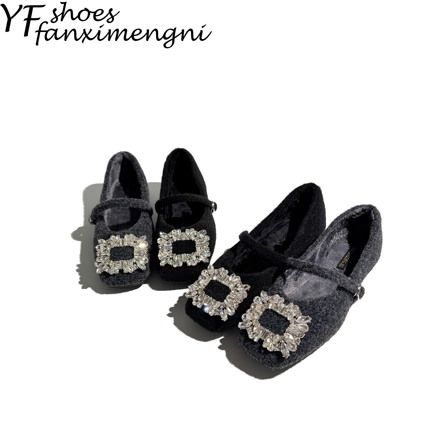 一字扣方头法式水钻玛丽珍女鞋