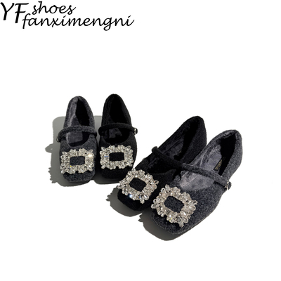 一字扣方头法式水钻玛丽珍女鞋