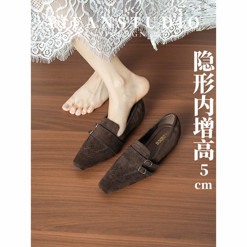 羊皮英伦方头内增高通勤乐福鞋
