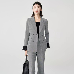 黎姿西服套装春秋季款时尚格纹荷叶边袖高级感西装女性职业装