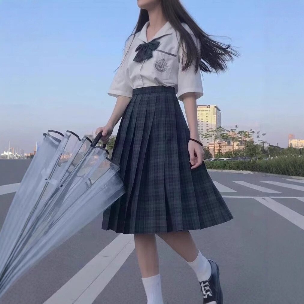 原创学院风格纹百褶裙女中长款高腰半身裙正统制服套装时尚遮肉MM