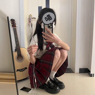 原创玄红格裙套装 高腰显瘦 纯欲jk裙收腰百搭学院风百褶裙2026新款