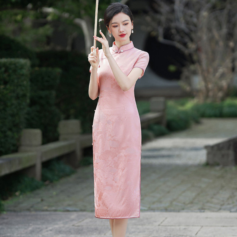 高端真丝旗袍中长款夏2026新款年轻款少女粉色日常可穿改良新中式