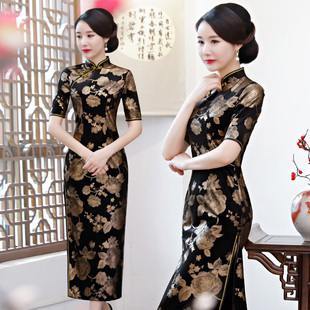 高贵典雅金丝绒长款改良旗袍连衣裙2025春秋季新款中袖七分袖旗袍