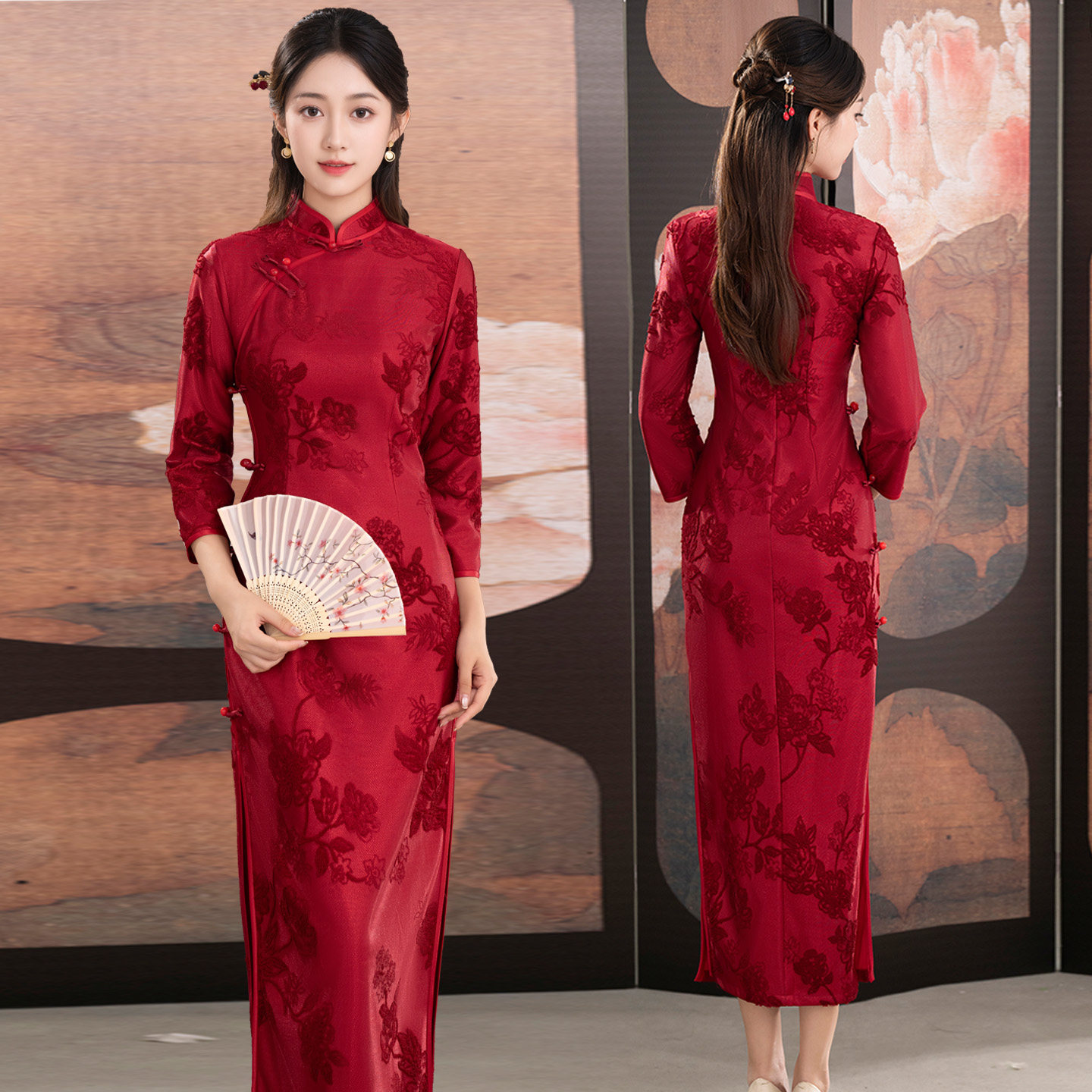 红色高端醋酸提花绣织旗袍长款秋冬季2025新款复古国风长袖连衣裙