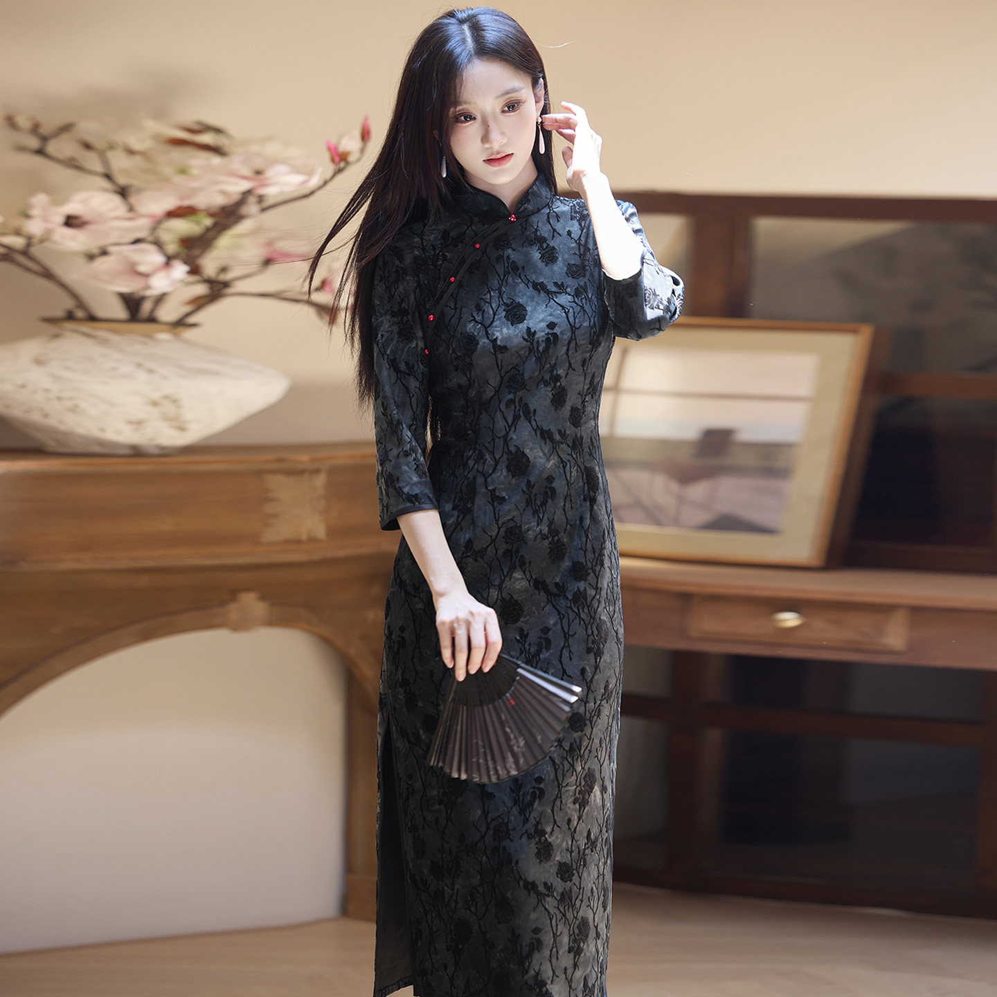 黑色植绒扎染七分袖旗袍2026新款春季新中式改良国风日常可穿显瘦
