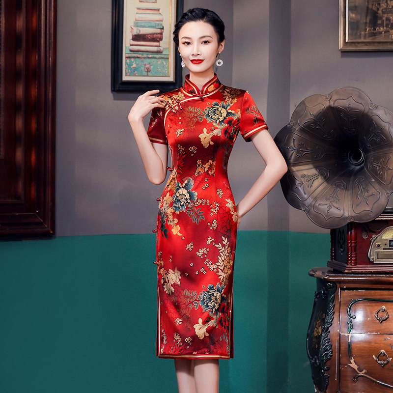 红色旗袍中款桑蚕丝真丝高端夏女